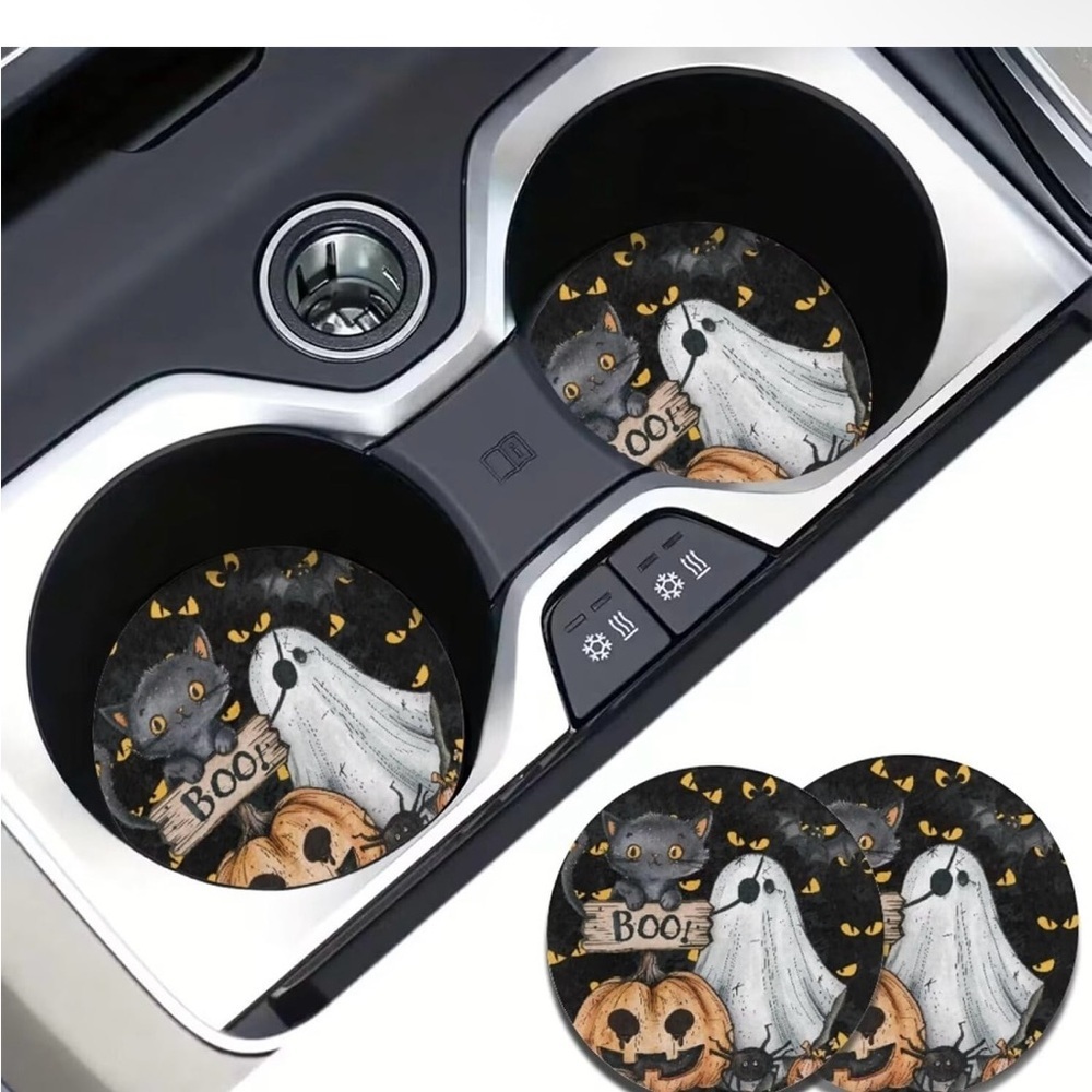 Halloween Car Coasters with Ghost and Cat Design - Picture 2 of 3